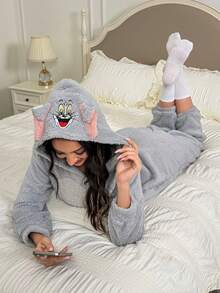 TOM & JERRY X SHEIN 卡通老鼠刺绣拉链长袖连体衣