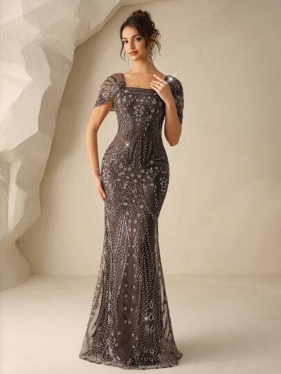 Coutiva Elegantes luxuriöses Kleid mit Perlen, Strass-Kontrast und Bubbles, Meerjungfrauenkleid, elegantes Abendkleid, geeignet für Cocktailpartys, Tanzhochzeiten, Gäste, Abschlussfeiern, Dinnerpartys, Pailletten-Damenkleider, Luxuskleid für Damen, elegantes Midi-Kleid, Kreuzfahrt-Dinnerkleid