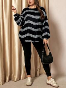 Comfylo 大码春季情人节女装休闲秋季黑白条纹两件套夏季女装条纹T恤和打底裤休闲运动套装女装套装机场女装套装黑色两件套旅行装ID AI-Adha机场假日女装大码长袖上衣大码曲线上衣斑马纹大码毛衣大码上衣条纹长袖黑白上衣大码上衣曲线上衣长袖上衣大码黑白条纹上衣大码波浪纹上衣女装大码衬衫 - 彩色 - 查看 5