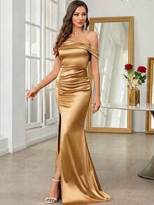 Glamine Off Shoulder Ruched Split Thigh Satin Bridesmaid Dress White Elegant Formal Evening Prom Wedding Guest Gown, For Graduation, Dinner For Holiday Party Clothes - Gold - View 4