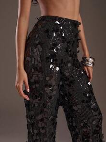 Glamine 高腰亮片宽腿黑色长裤，适合节日派对服装、成人服装、女士优雅服装、约会之夜阔腿裤、高级亮片女裤， - 黑色 - 查看 5