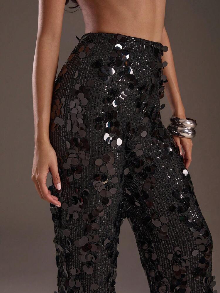 Glamine 高腰亮片宽腿黑色长裤，适合节日派对服装、成人服装、女士优雅服装、约会之夜阔腿裤、高级亮片女裤， - 黑色 - 查看 5