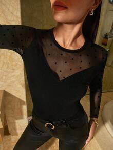 Lavishia Women's Fashion Polka Dot Flocked Sexy Sheer Mesh Long Sleeve Bodysuit - Black - View 6