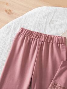 2件套女童休闲纯色圆领无袖背心和流苏喇叭裤，时尚套装 - 粉色 - 查看 4