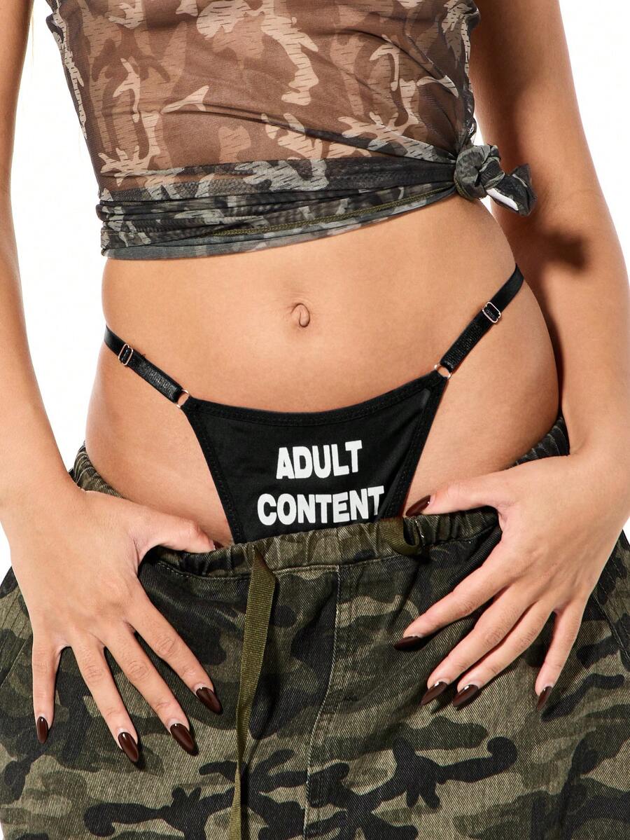 SUMWON WOMEN Graphic Thong With Silver Metal Ring Trims And Adult Content Text For Festival Edgy Underwear - Black - View 1