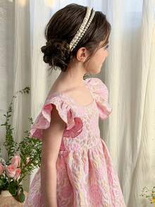 LMoss Kids Young Girl Solid Color Jacquard Bowknot Ruffle Hem Fitted Dress,Kids - Multicolor - View 5