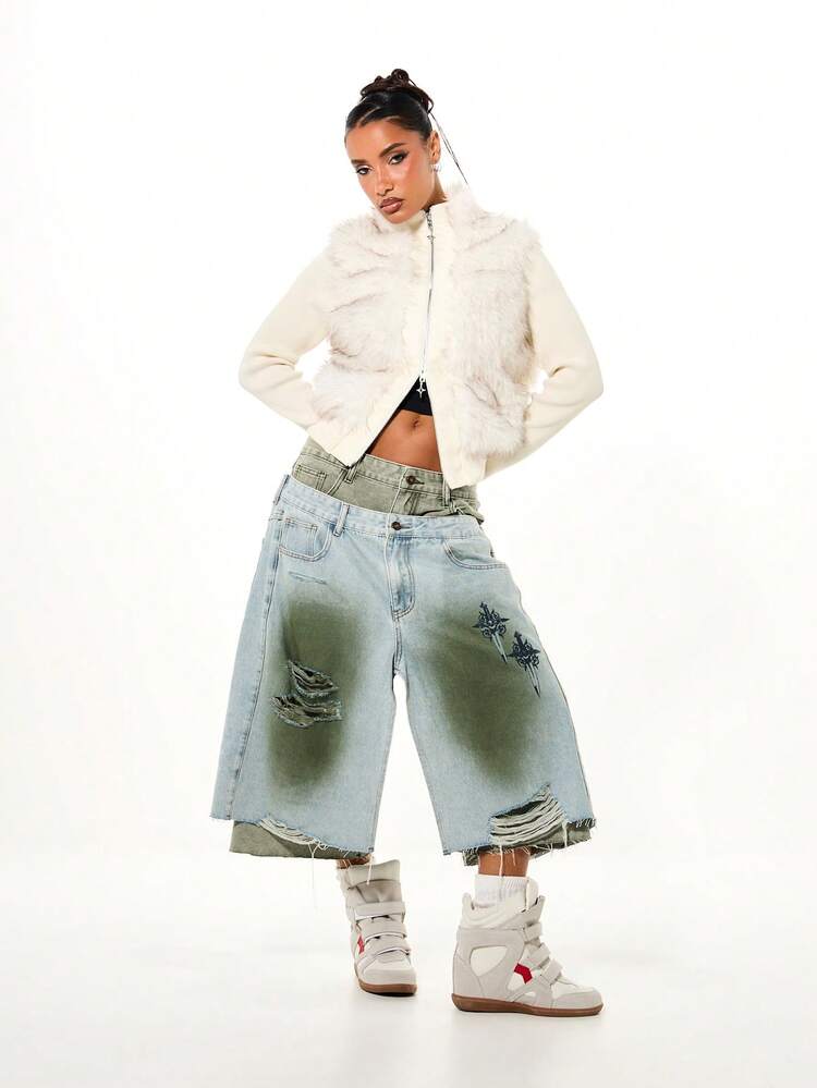 SUMWON WOMEN Double Layer Distressed Denim Jorts With Cross Print