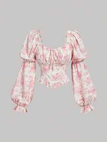 SHEIN MOD Áo kiểu nữ cổ tim thắt nơ phía trước, tay phồng họa tiết hoa lãng mạn, dài tay, thích hợp dự tiệc, thanh lịch, họa tiết hoa, màu hồng, đi nghỉ mát, lễ hội, phong cách Gothic, ngày lễ, ngày Valentine. - Nhiều màu - Xem 4