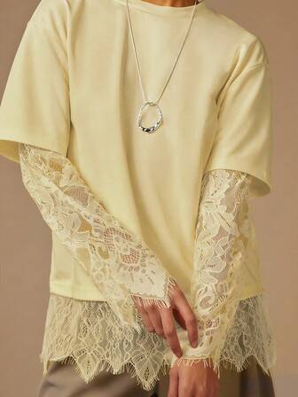 Athîral Women's Casual Long-Sleeved Yellow Lace Blouse, Loose Fit, With Lace Detailing, Yellow Lace Top, Lace Long Sleeve,Valentine's Day Outfit,,Birthday Outfits For Women,Elegant Dress Women,Casual Blouses For Women,Vacation Outfits For Women,Yellow Tops,Summer Outfits For Women,Spring Outfit Women