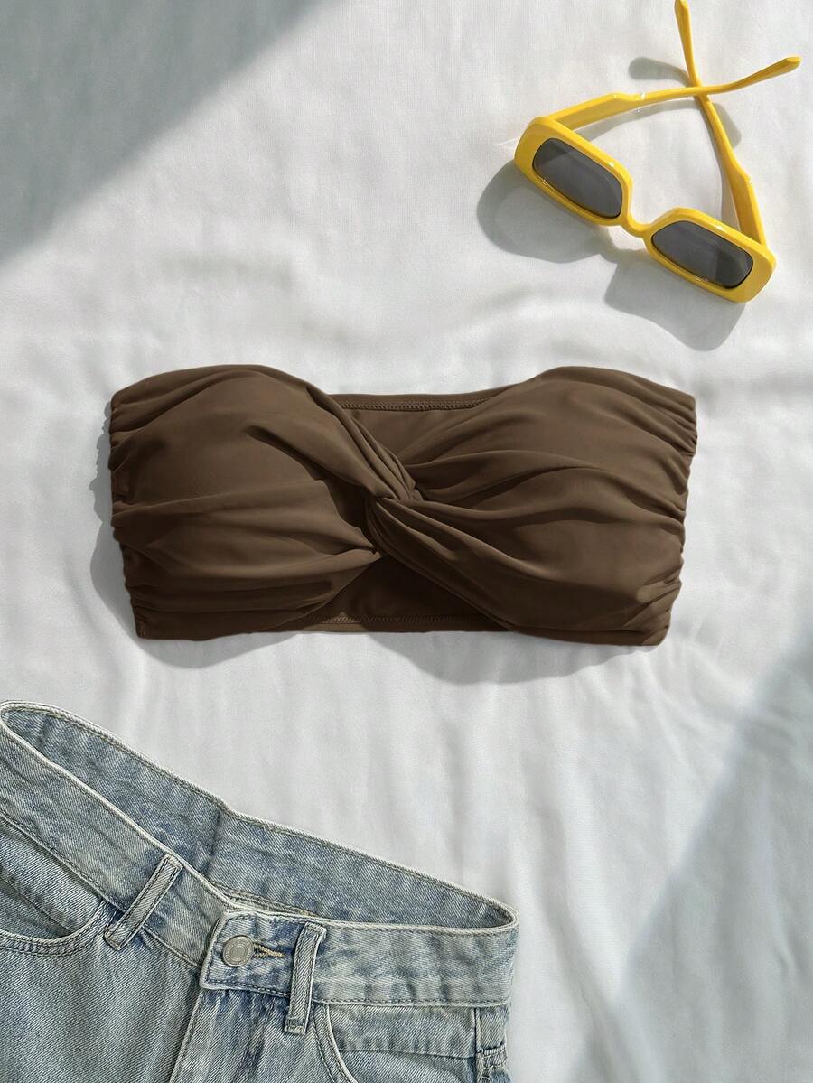 Swim Basics 纯色扭结前开襟比基尼上衣，女士沙滩比基尼，2026夏季新款，适合女士沙滩穿着，优雅休闲，夏季度假休闲之选。