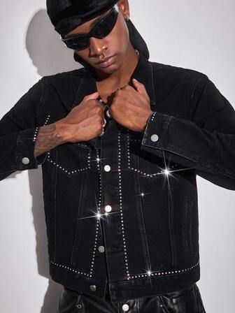 Men's Long Sleeve Single-Breasted Rhinestone Embellished Black Denim Jacket