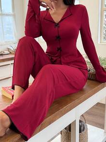 SHEIN 女士针织纹理休闲蝴蝶结装饰睡衣套装，舒适优雅的家居服，秋季款 - 酒紅色 - 查看 5