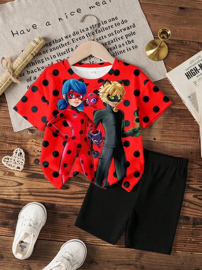 Miraculous Ladybug X SHEIN Young Girl Summer Casual Commute Cartoon Cartoon Figure Graphic & Polka Dot Print Short Sleeve T-Shirt And Cycling Shorts Set
