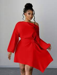 Maweii 优雅褶皱玫瑰花卉不对称下摆泡泡袖收腰休闲通勤大码女装连衣裙，春/秋/冬 - 紅色 - 查看 5