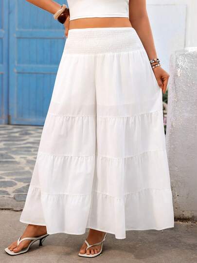 Vivid Eden Plus Size Casual Solid Color Woven Loose Pants White Long Skirt White Ruffle Skirt White Wide Leg Pants Women White Boho Skirt Wide Leg Summer Pants