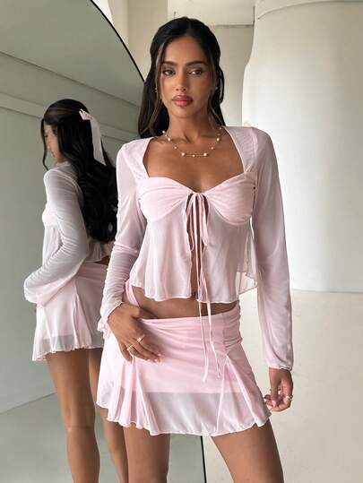 Aloruh Women's Solid Color Pink Ruffled Long Sleeve Tie-Front Shirt And Ruffled Hem Skirt 2-Piece Set, Autumn/Winter