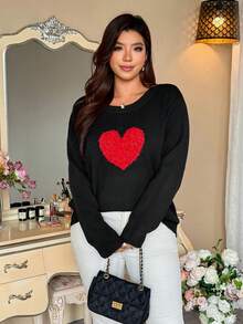 Vionelle Áo len dài tay họa tiết trái tim lấp lánh dành cho nữ cỡ lớn, thích hợp cho mùa Thu/Đông/Xuân. - màu đen - Xem 4