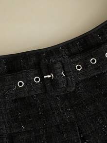 Franclia Petite Falda negra de otoño elegante de cintura alta con línea A y pliegues con cinturón & hebilla, falda escolar de lana, falda mini de moda para volver a la escuela, para mujeres de talla pequeña - Negro - Ver 6