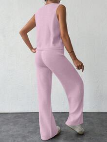 EURMUSE 2pcs Knitted Solid V-Neck Button Front Vest And Pants Sweater Set - Pink - View 2