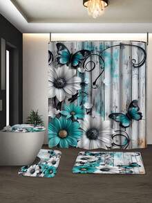 Set de 4 piese, set de baie elegant și simplu, albastru-verde, cu fluturi florali - perdea de duș și serie de covoare, cadou rafinat și practic pentru decorarea casei.