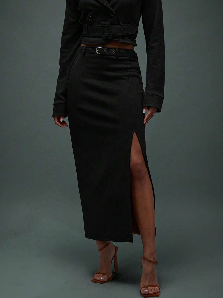 Hauture Women's Versatile Solid Color Split Hem Skirt, Suitable For Commuting - Black - View 1
