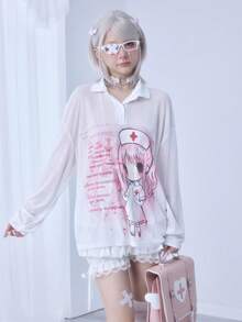 ROMWE Kawaii Anime Nurse Syringe Code Print Lightweight Comfortable Collared Long Sleeve Top - White - View 8