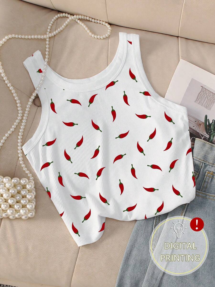 Resyla Women's Fitted Round Neck Chili Pepper Print Crop Top - Multicolor - View 1
