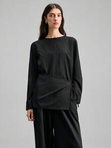 Ontre 2026 Spring/Summer New Black Tie-Up Slimming Versatile Round Neck Fashionable Long Sleeve Women's Top, Suitable For Valentine's Day, Carnival, Women's Beach & Party Elegant Wear - Black - View 5