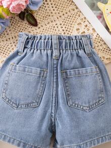 Baby GirlBlue Denim Shorts With Cat & Bow Pattern - Light Wash - View 8