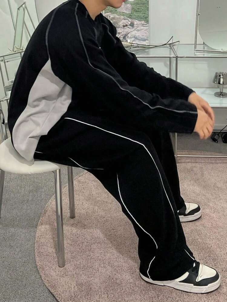 Men's Letter Print Patchwork Contrast Color Black T-Shirt Set, Spring/Autumn