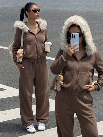 Muchica 女士毛领连帽拉链休闲保暖两件套