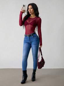 SHEIN PETITE 透视网纱连体衣，不含内衣 - 酒紅色 - 查看 7