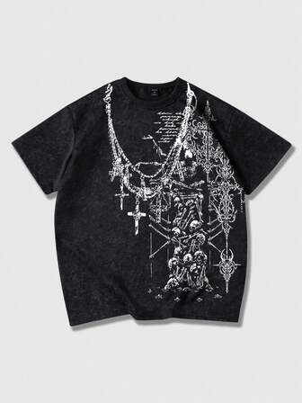 T-shirt à manches courtes décontracté et pour hommes, imprimé squelette et croix, lavé, convient pour l'été