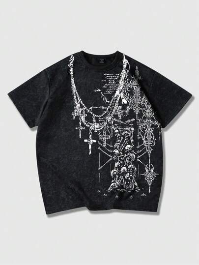 T-shirt casual da uomo con stampa di scheletro e croce, lavata, a maniche corte, adatta per l'estate