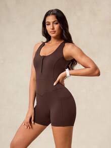 OutZeal Women Tummy Control Cool Touch Backless Removable Pads Half-Zip Outdoor Jumpsuit Camping Hiking - Brown - View 11