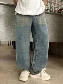 SHEIN Jeans holgados con bolsillos sesgados desgastados para niño preadolescente de uso diario informal - Azul lavado oscuro - Ver 6