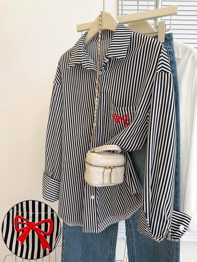 Resyla 女士条纹领纽扣半门襟蝴蝶结刺绣图案休闲百搭长袖衬衫