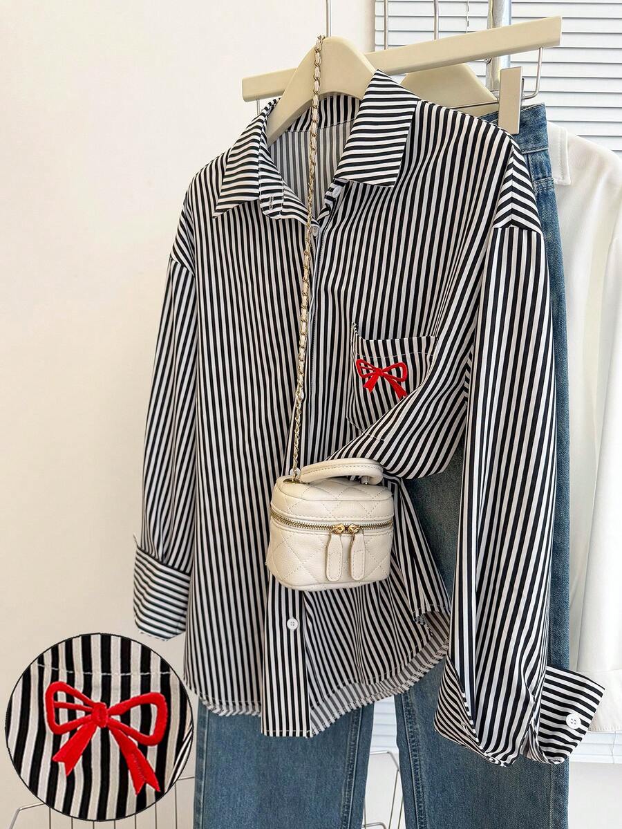 Resyla 女士条纹领纽扣半门襟蝴蝶结刺绣图案休闲百搭长袖衬衫 - 黑與白 - 查看 1