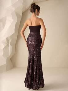 Coutiva Đầm dạ hội cao cấp không dây vai, đính sequin và nhiều mảnh vải. - Cà phê nâu - Xem 2