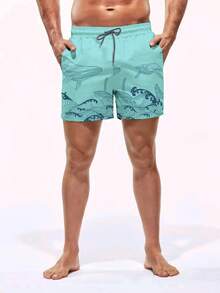Manfinity Swimmode Men's Casual Fish Print Beach Shorts - Baby Blue - View 3