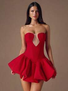 SHEIN BAE 女士撞色网纱荷叶边性感无肩带连衣裙 - 紅色 - 查看 1