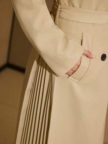 MOTF PREMIUM LAPEL COLLAR DOUBLE BREASTED PLACKET BUCKLE BELTED PLEATED PANEL TRENCH COAT - Khaki - View 2