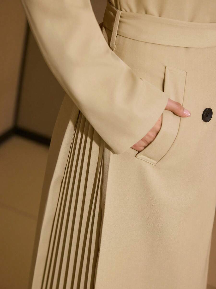 MOTF PREMIUM LAPEL COLLAR DOUBLE BREASTED PLACKET BUCKLE BELTED PLEATED PANEL TRENCH COAT - Khaki - View 2