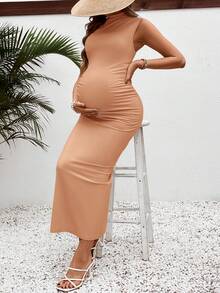 SHEIN Đầm dài dáng ôm cổ đứng dành cho bà bầu - Màu Khaki - Xem 5