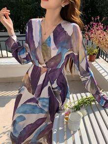 DAZY 女士优雅碎花V领高开衩连衣裙，春夏长款连衣裙 - 紫色 - 查看 6