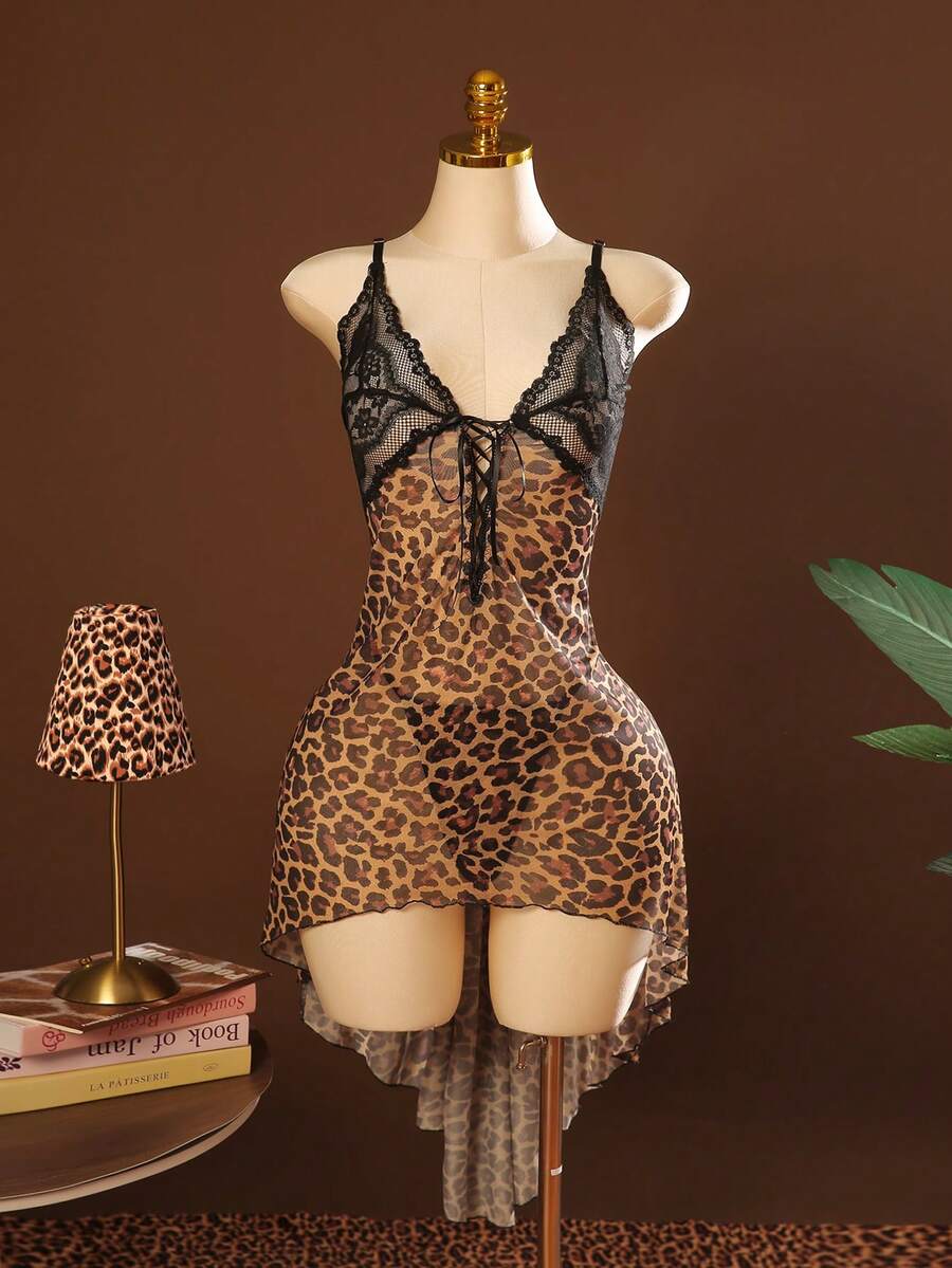 SHEIN 2pcs Animal Print Lace Patchwork Leopard Mesh Ribbon Tie Sexy Nightgown Set - Multicolor - View 1