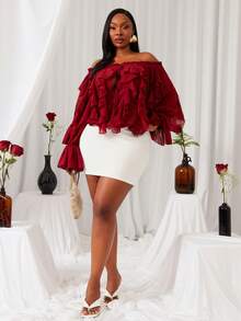 Radiana Áo kiểu nữ cỡ lớn gợi cảm và thanh lịch, trễ vai, tay phồng, chất liệu chiffon mỏng, thích hợp cho mùa xuân/hè. - Đỏ - Xem 3