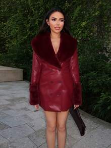 Durrani Popal Women's Wine Red Waist Elegant Fashion Long Sleeve PU Leather Jacket With Fur Collar And Spliced ​​Fur Sleeves, Autumn And Winter Women's Fall Winery Wear Women's Faux Leather Dress Women's Suit Jacket Women's Leather Dress Coat - Burgundy - View 5