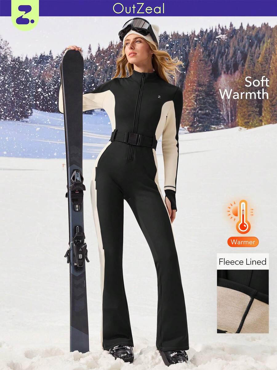 OutZeal 女士保暖内衬收腹拉链口袋腰带户外连体衣冬季滑雪徒步 - 黑與白 - 查看 1