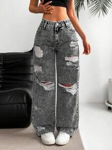 SHEIN ICON Jeans de mujer de talle bajo, sueltos, con efecto desgastado y versátiles - Gris - Ver 4